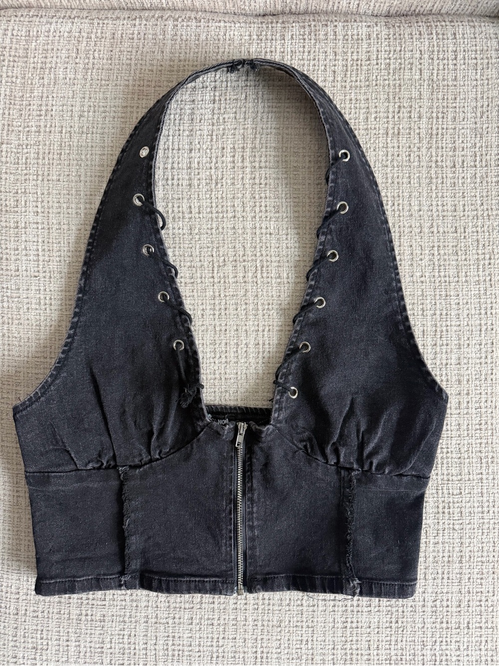 Fashion Nova Black Lace-Up Halter Denim Crop Top